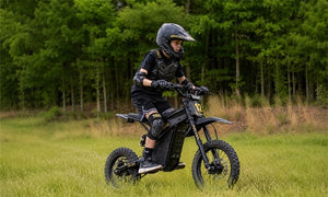 Heybike Sports Villain electric dirt bike youth rider with safety gear_