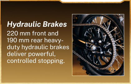 Heybike V1 Pro hydraulic brake feature card with a close-up of a wheel and disc brake