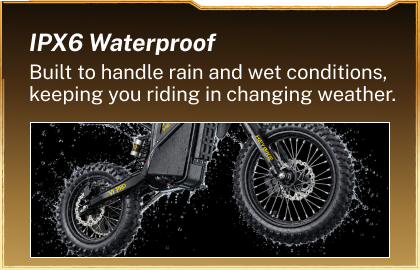 Heybike V1 Pro with illustrated water splashes in an IPX6 feature card