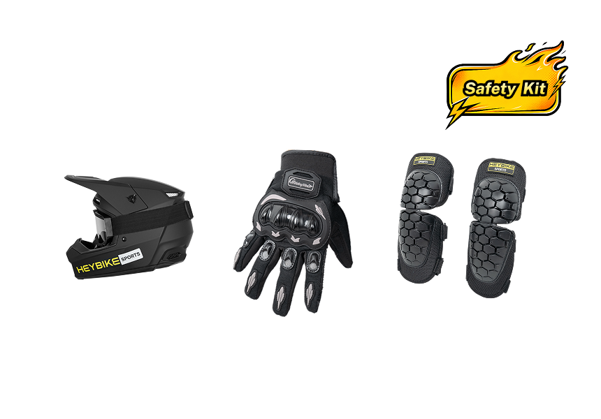 Heybike Villain safety kit with off-road helmet gloves and pads