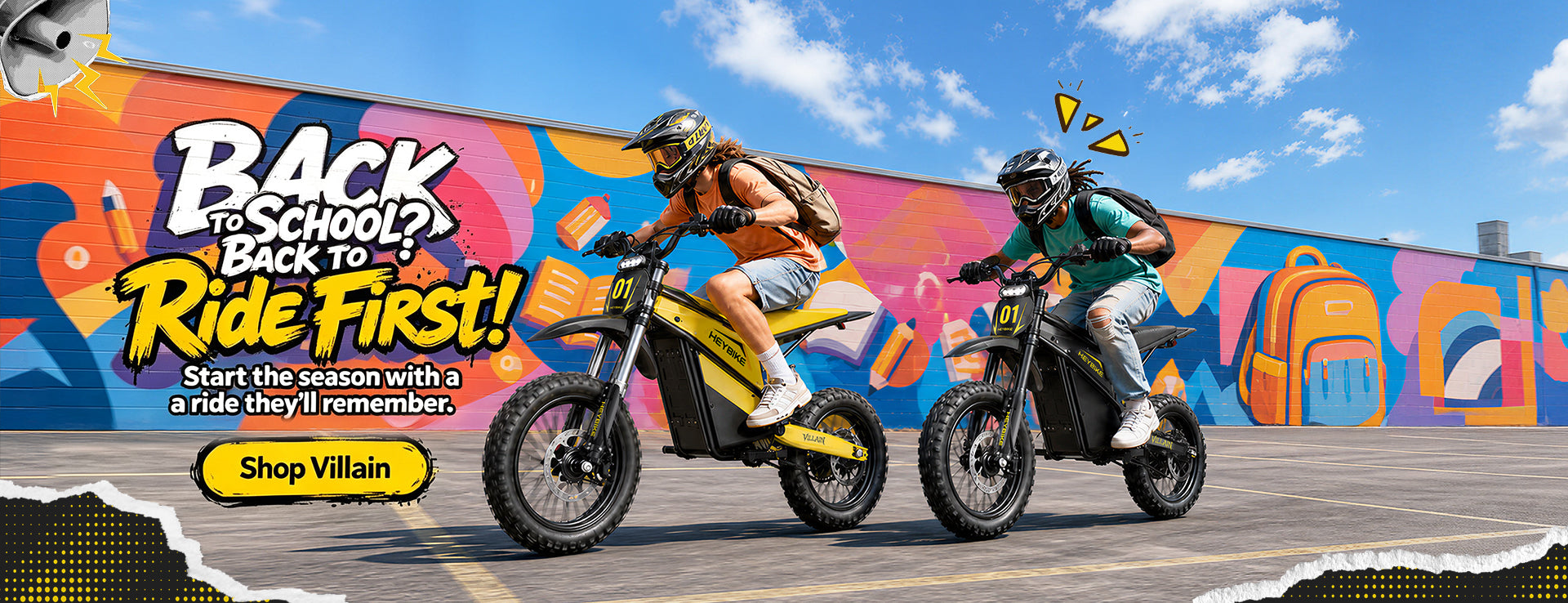 Heybike Villain riders on electric dirt bikes for back to school