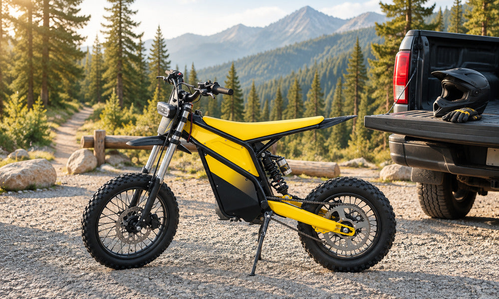 Yellow and black electric dirt bike parked beside a pickup truck at a mountain forest trailhead.
