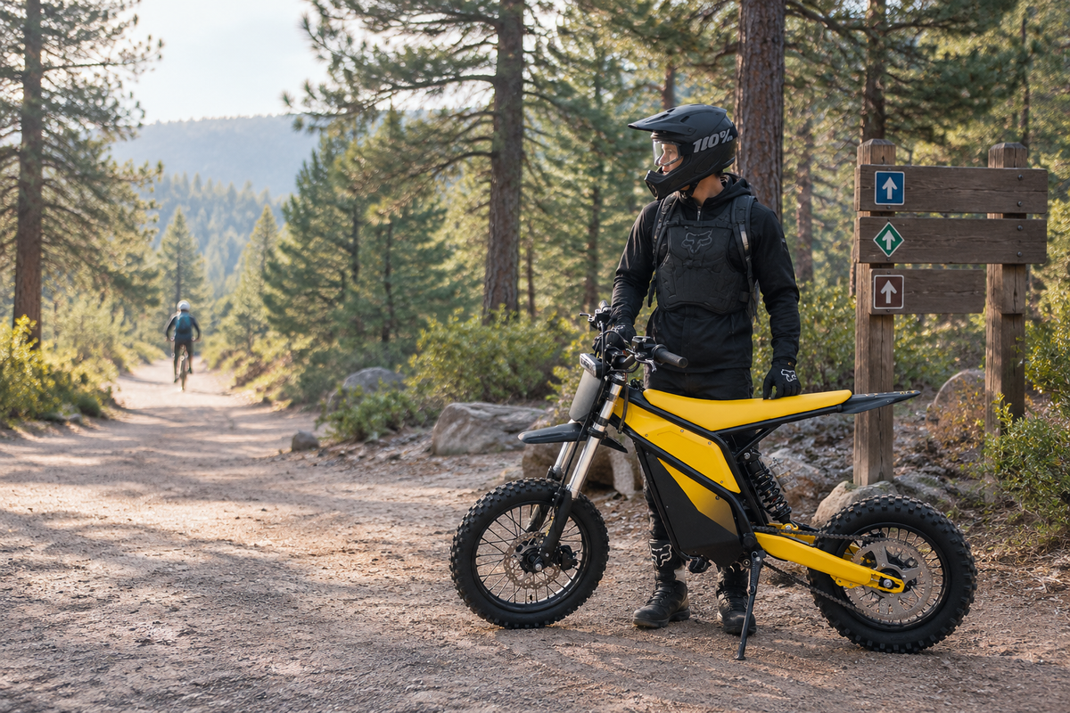 An electric dirt bike rider pauses at a signed trail junction while other trail users pass at a distance