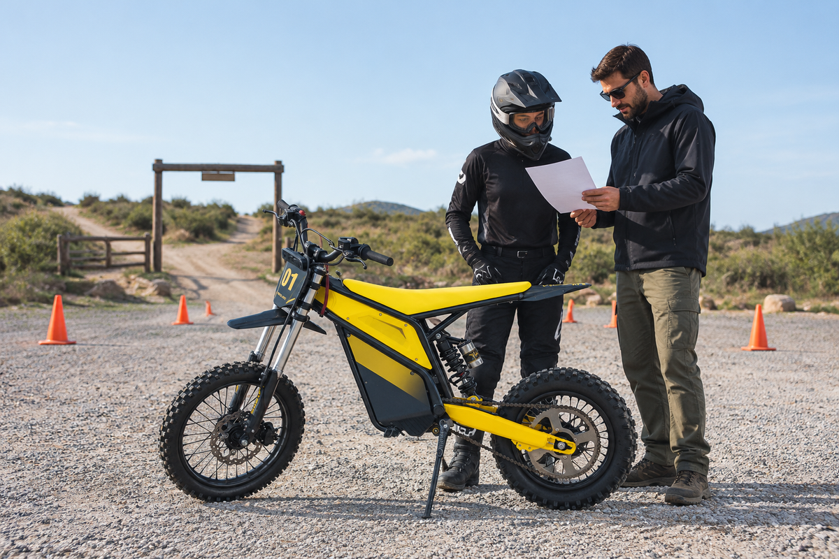 A rider reviews a first-ride checklist beside a stationary electric dirt bike