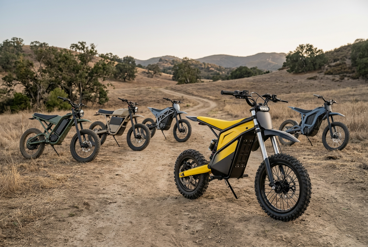 Yellow V1-style electric dirt bike in the foreground with other compact electric dirt bikes on a rugged hillside trail