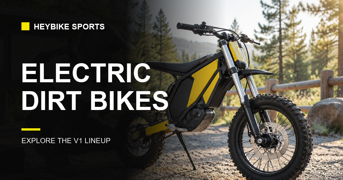 Yellow Heybike V1 electric dirt bike at a wooded trailhead, with “Electric Dirt Bikes” text.