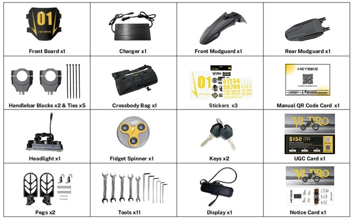 Heybike V1 Pro package contents including charger, mudguards, headlight, display, keys, foot pegs, tools, stickers and crossbody bag