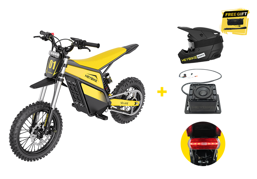 Heybike Villain Classic with helmet, Bluetooth speaker, and tail light bundle